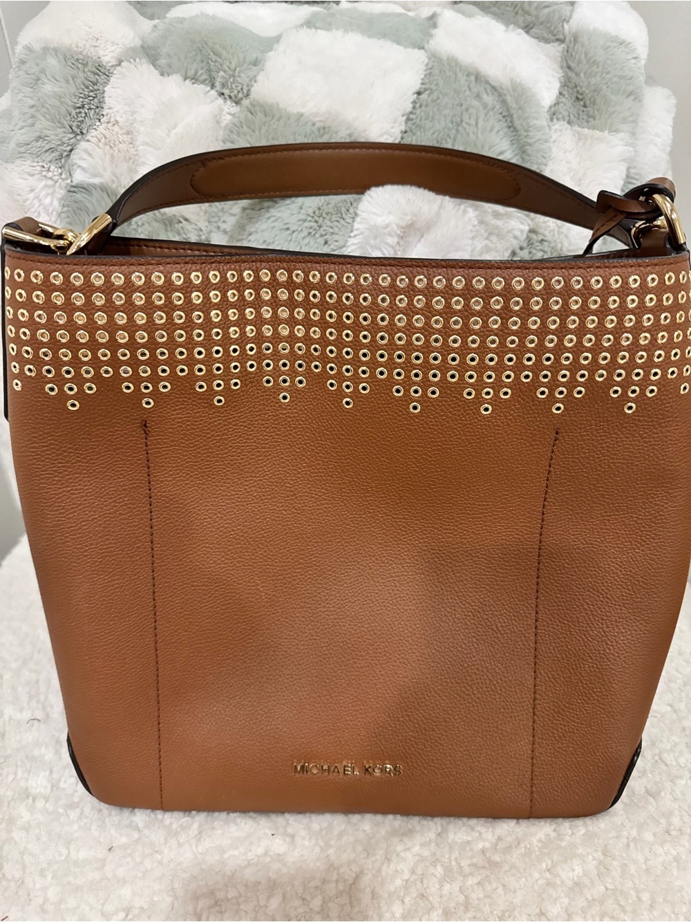 Michael Kors Caramel Leather Shoulder Bag with Gold Stud Trim